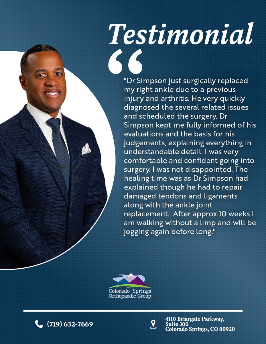 csorthopaedics's tweet photo. Meet Dr. Alex Simpson through the words of our patients! 
Ready to get back to the activities you love? 
Call us today at 719-632-7669 to schedule

#PatientTestimonial #OrthoCare #CSOG #HereToGetYouBack https://t.co/AZcfpFn08T