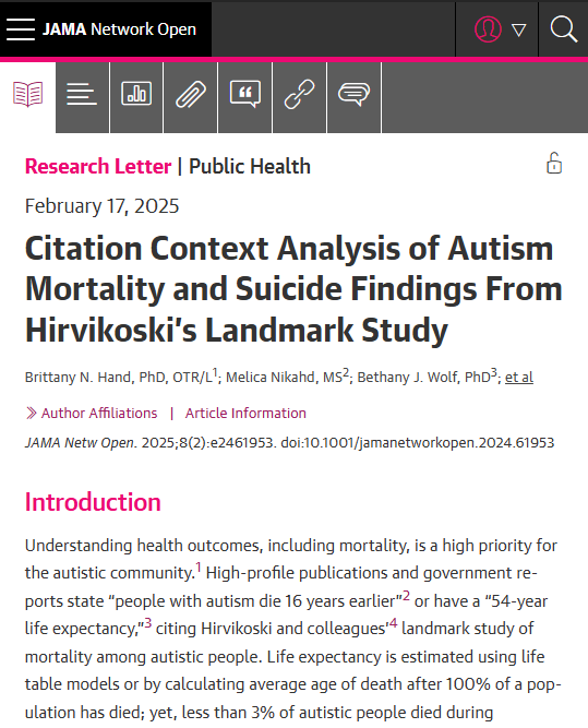 JAMANetworkOpen's tweet photo. This systematic review evaluates the accuracy of citations to a landmark study on premature mortality among autistic people. https://t.co/p4OmuZ594H https://t.co/LDJCGbUdrU
