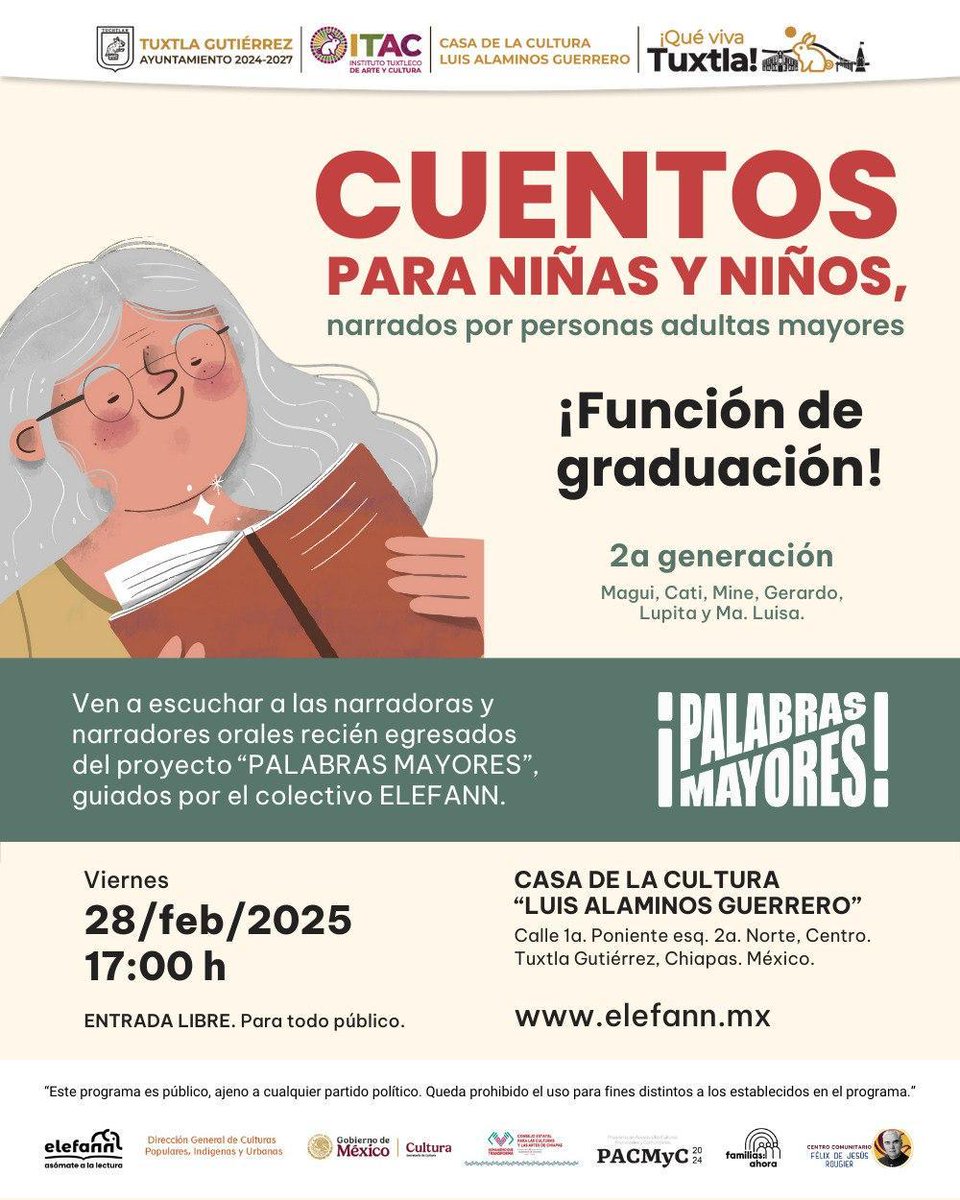 ITACTuxtlaGtz's tweet image. Elefann trae para nosotros algunas… ¡Palabras mayores! 

Una tarde de cuentos para niñas y niños narrados por personas adultas mayores. Será un momento de convivencia familiar que no puedes perderte.

¡Te esperamos!

#ViveTuCultura #ITAC #SomosITAC