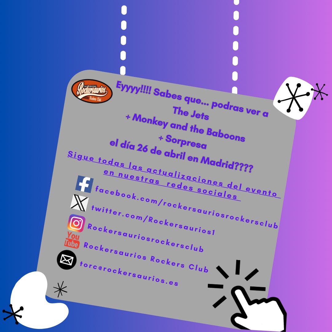 Sigue todas las noticias y novedades en nuestras páginas. Sugiere lo que te interese.
Conecta con nosotros. Somos personas como tu.
.
.
.
.
.
#nuestrasredessociales #conectaconnosotros #rockersauriosXaniversario #thejets #monkeyandthebaboons #rockersauriosrockersclub