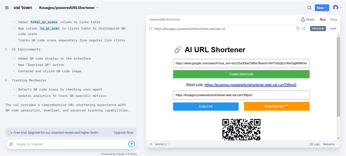 ntcha_kenneth's tweet photo. https://t.co/Ve1K1GSxwP
Just built an AI-powered URL shortener!  It shortens links and generates QR codes. Plus, an API for devs! Who else loves smart link management? Try it out! #townieai #URLShortener #Productivity #valtown https://t.co/HlROwiVXtE