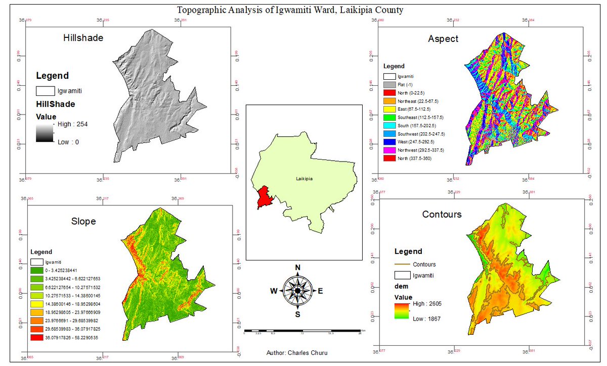 C4708911Charles's tweet image. 🌍📊 Conducted a topographic analysis of Igwamiti Ward, Laikipia County! Generated:
✅ Hillshade 🏔️
✅ Contours 📏
✅ Slope ⛰️
✅ Aspect 🌞
GIS and remote sensing for better terrain insights! #GIS #DEM #Topography #Laikipia