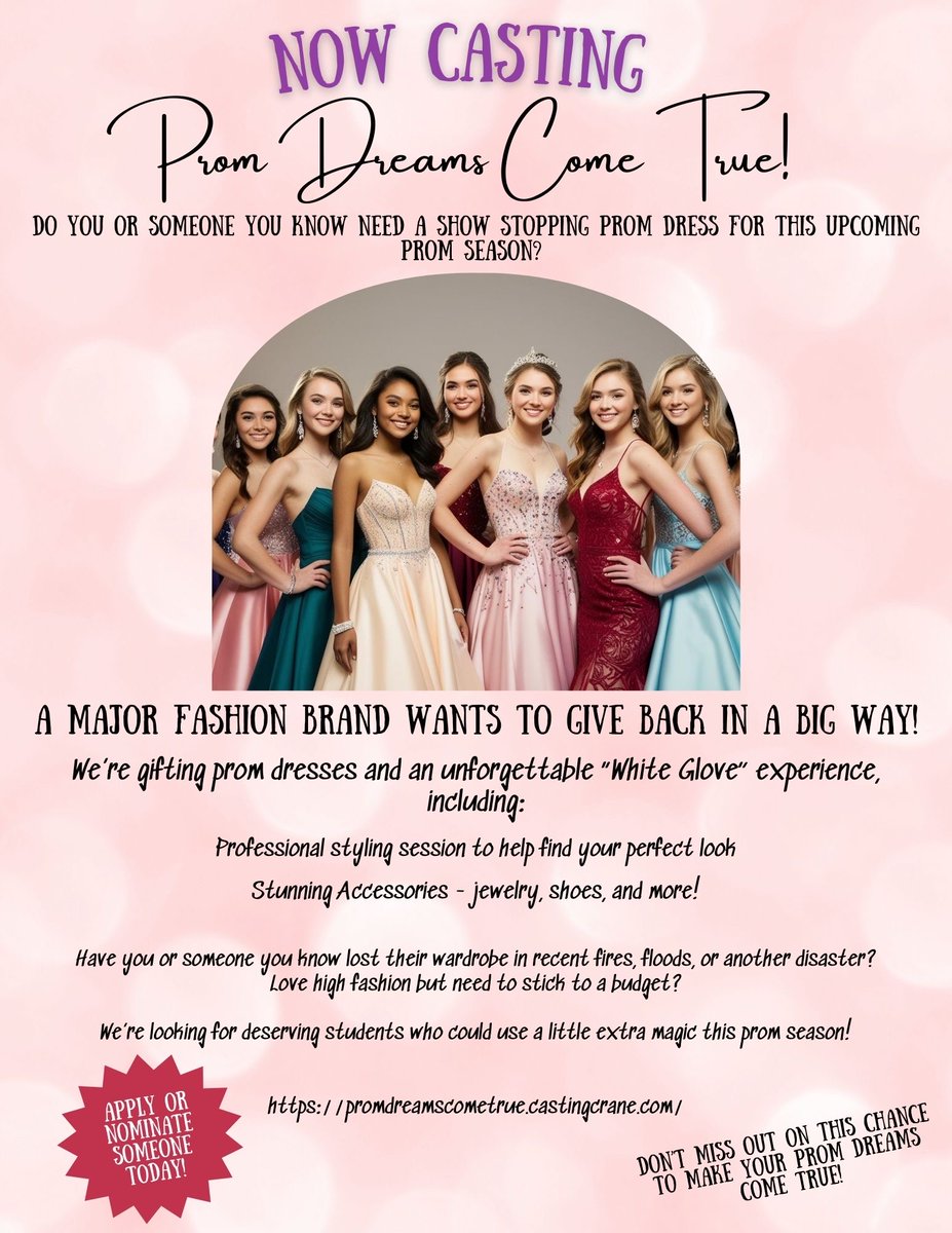 PlsRT. NOW CASTING: PROM DREAMS COME TRUE!
A MAJOR fashion brand is gifting prom dresses &amp; more. Know a high schooler who could use a little magic?
Nominate a deserving student today!
promdreamscometrue.castingcrane.com