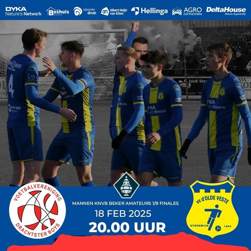 OldeVeste's tweet image. Ivm slechte toestand van de velden in Drachten is de bekerwedstrijd van 18 februari 2025  Drachtster Boys tegen d'OldeVeste '54 is verplaatst naar Steenwijk.

Steenwijk
Sportpark Parallelweg
Aanvang 20:00 uur

Kom jij supporten? 💪🏼