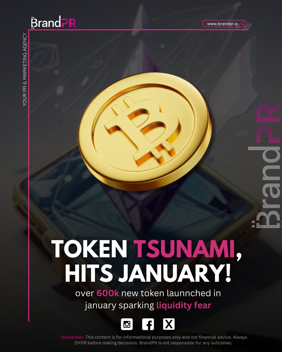 BrandPR_io's tweet photo. 🚨 Crypto Boom or Risk? Over 600K tokens launched in January 2025, sparking fears of fragmented liquidity. Growth or market instability? 💬 

Follow for more updates: @BrandPR_io 
#BrandPR #CryptoNews #TokenExplosion #LiquidityConcerns https://t.co/W7PPyeN0Rw