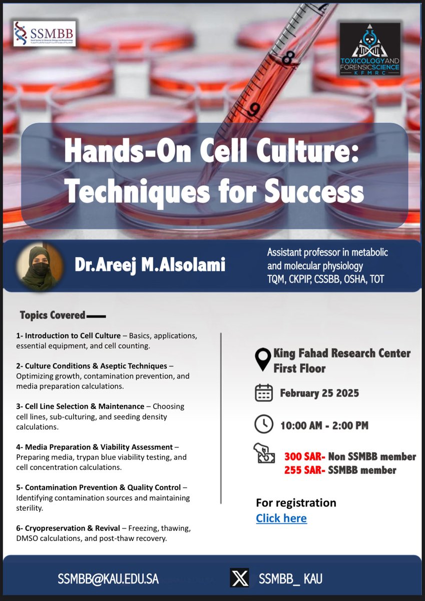 Saudi Society for Molecular Biology & Biotech (@ssmbb_kau) on Twitter photo يسر الجمعية السعودية للأحياء الجزيئية والتقنية الحيوية أن تعلن عن إقامة دورة عملية تدريبية عن أسس زراعة الخلايا تقدمها سعادة د. أريج السلمي <a href="/AR_Alsolami/">د. أريج السُلمي</a> خصم خاص لأعضاء الجمعية بقيمة ١٥٪ المقاعد محدودة سارعوا بالتسجيل. رابط التسجيل docs.google.com/forms/d/1uktUa… يسر الجمعية السعودية للأحياء الجزيئية والتقنية الحيوية أن تعلن عن إقامة دورة عملية تدريبية عن أسس زراعة الخلايا تقدمها سعادة د. أريج السلمي <a href="/AR_Alsolami/">د. أريج السُلمي</a> خصم خاص لأعضاء الجمعية بقيمة ١٥٪ المقاعد محدودة سارعوا بالتسجيل. رابط التسجيل docs.google.com/forms/d/1uktUa…