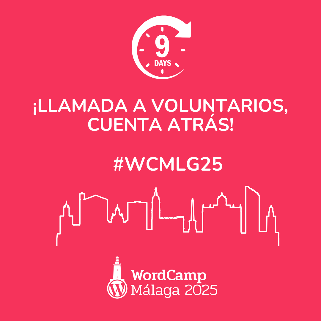 ⏳✨ ¡La cuenta atrás ha comenzado! Quedan 9 días para cerrar la llamada a voluntarios de #WCMLG25.

🎟️ Entrada gratis y camiseta exclusiva.
🍽️ Cena con el equipo.
🤝 Gente increíble y una experiencia única.

🔗 Apúntate antes del 26 de febrero: malaga.wordcamp.org/2025/llamada-a…