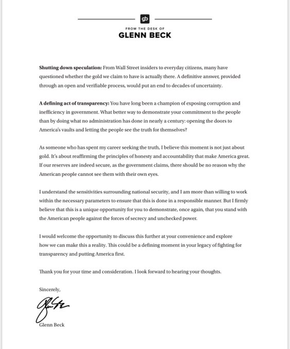 🚨🇺🇸 IS THERE STILL ACTUALLY GOLD IN FORT KNOX?

Glenn Beck is calling on Trump to allow cameras inside Fort Knox to verify that the U.S. gold reserves actually exist.

The last full audit was in the 1950s—before color TV, seat belts, or even credit cards.

Since then, all we’ve