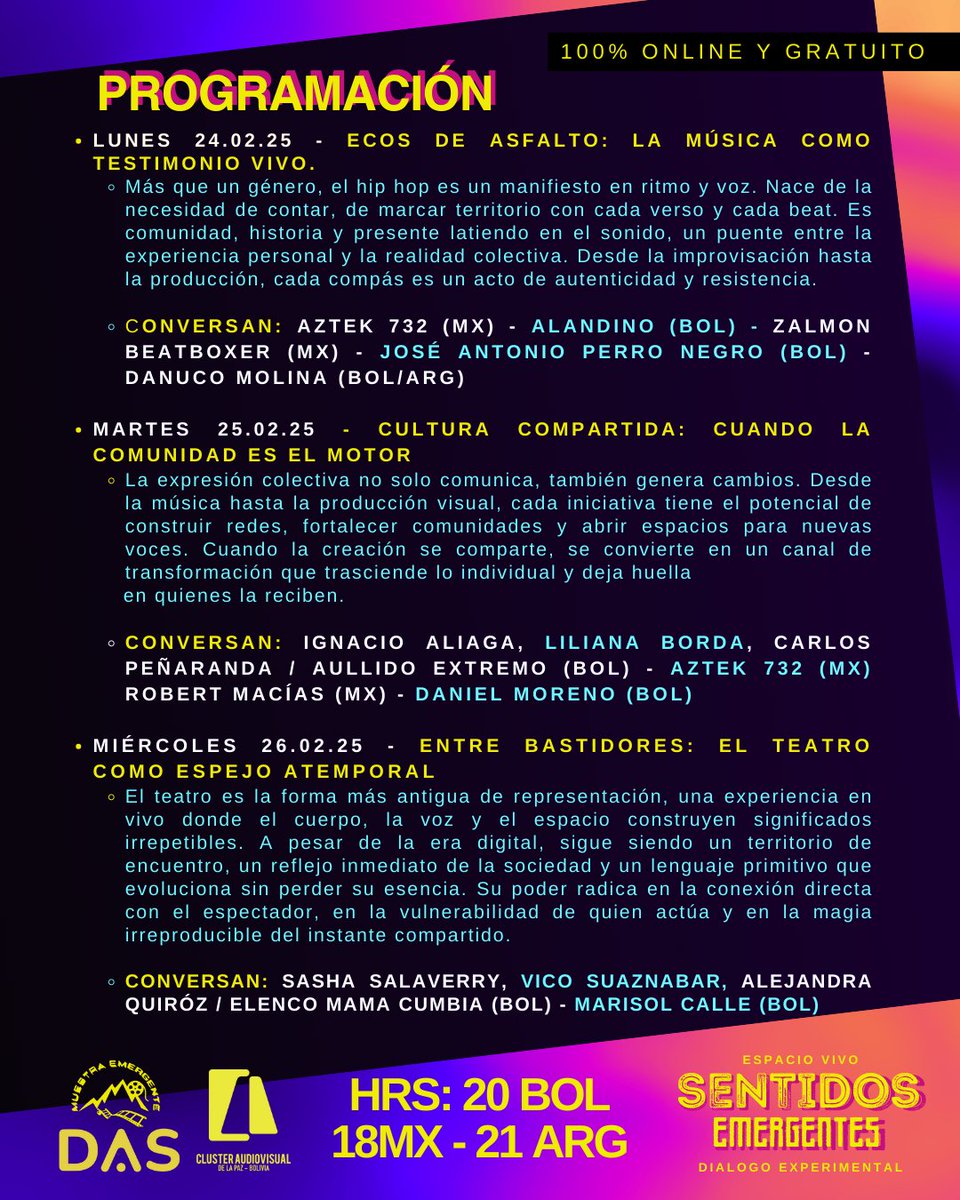 CinemaNubo's tweet photo. *SENTIDOS EMERGENTES* 🎥🕊️
9 sesiones online, abiertas y gratuitas, diseñadas para reunir a quienes buscan vivir y compartir su propósito
desde la imagen, el sonido, la narrativa y la emoción, 
Invitados de 🇧🇴🇲🇽🇦🇷🇨🇱🇪🇸 #Cinelatino 
Estaremos participando el 21 de Febrero https://t.co/f6bOKtqI6z