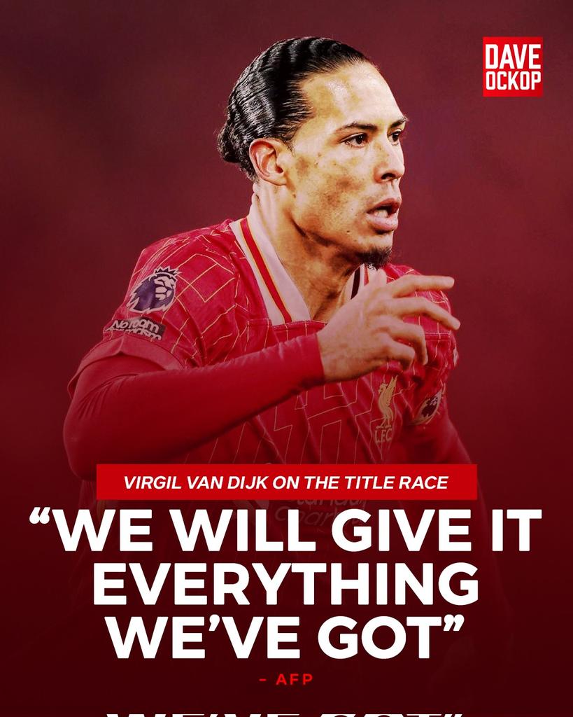 DaveOCKOP's tweet photo. Virgil van Dijk: "We are all human beings, and I totally understand anxiety or nervousness can kick in. I said it weeks ago, we just have to buckle up, enjoy the ride. There will be a lot of twists and turns."

"If you’re not ready for it, it will be a difficult couple of months for you but I feel like we as a team are ready for it. We will give it everything we’ve got and we will see in 13 games if that is enough."

"I don’t know how others would think, I can only say what I think and what I tell the boys to do because I’ve been through this whole situation and come up short as well twice."

"We have to put all our energy in only ourselves and that is hard enough already – you saw how Wolves made it difficult for us and on Wednesday it will be very difficult again."

"If you focus on other things or look at others it is only going to backfire so we keep going. Certain players in our team might watch other teams but it is not going to help you."

"I think that was also the mentality the season we won it (in 2020): we kept going, kept going and we found a way."