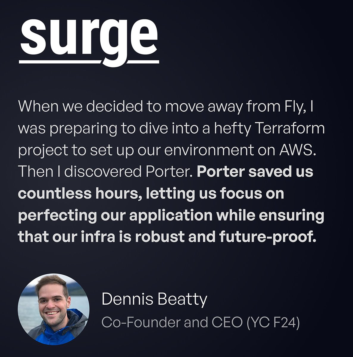 YC F24's <a href="/Surgemsg/">Surge</a> is the easiest SMS API for developers. They leverage Porter to utilize their AWS credits with the experience of a PaaS.

Looking to deploy in your own cloud with no DevOps overhead? Redeem the Porter startup deal: porter.run/for-seed-stage…