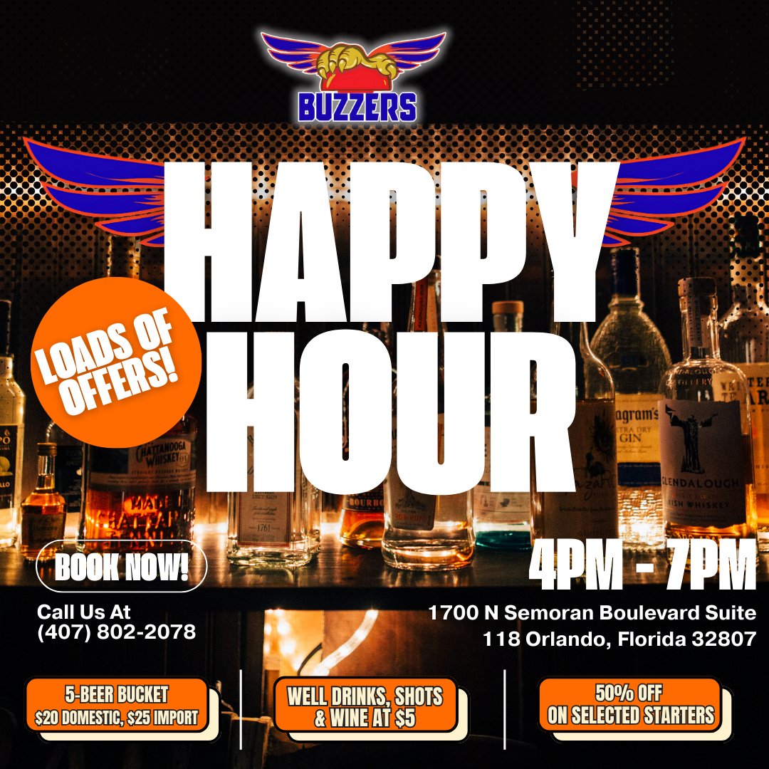 BuzzersOrlando's tweet photo. HAPPY HOUR ALERT! 🎉🍺 4pm-7pm at Buzzers Sports Bar &amp; Restaurant! 🏈 $20 Domestic Beer Bucket, $5 Well Drinks &amp; 50% off selected starters! Let's Go Down to Buzzers! 🎉 #BuzzersSportsBar #HappyHour #BeerLovers https://t.co/v3wEBQcjMw