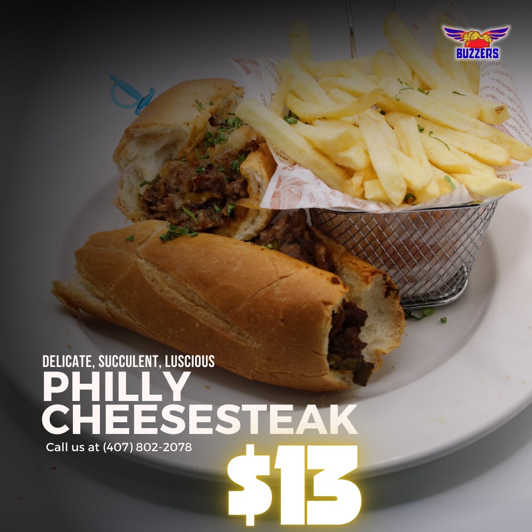 BuzzersOrlando's tweet photo. Philly cheesesteak perfection! 🤩🧀 Thinly sliced steak, melted cheese, and sautéed onions on a toasted hoagie roll... game-day goals! �� Let's Go Down to Buzzers! 🎉 #BuzzersSportsBar #PhillyCheesesteak #CheesesteakLove https://t.co/d0KjsTYbfu
