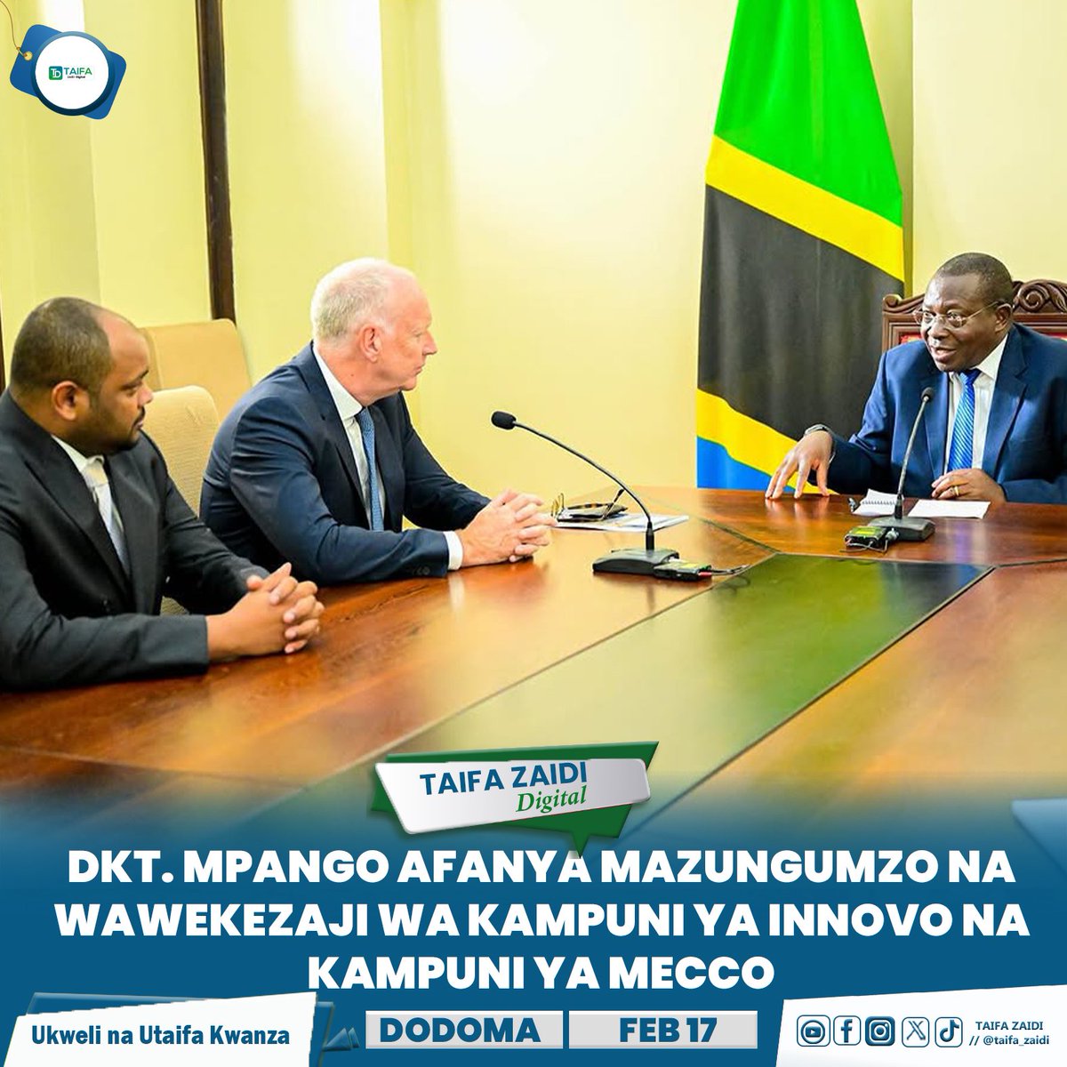 TAIFAZAIDI's tweet photo. Makamu wa Rais wa Jamhuri ya Muungano wa Tanzania Mhe. Dkt. Philip Mpango amekutana na kufanya mazungumzo na Afisa Mtendaji Mkuu wa Kampuni ya Innovo ya nchini Uingereza Bw. Paul Woodman pamoja na Mkurugenzi Mkuu wa kampuni ya MECCO Bw. Nasser Sheikh, Ikulu Dodoma https://t.co/w1zKa2MNg1