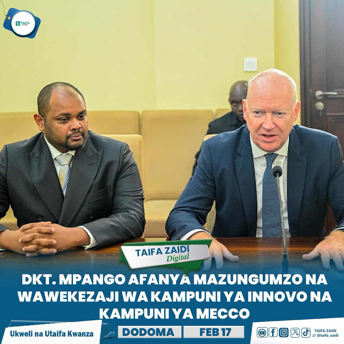 TAIFAZAIDI's tweet photo. Makamu wa Rais wa Jamhuri ya Muungano wa Tanzania Mhe. Dkt. Philip Mpango amekutana na kufanya mazungumzo na Afisa Mtendaji Mkuu wa Kampuni ya Innovo ya nchini Uingereza Bw. Paul Woodman pamoja na Mkurugenzi Mkuu wa kampuni ya MECCO Bw. Nasser Sheikh, Ikulu Dodoma https://t.co/w1zKa2MNg1