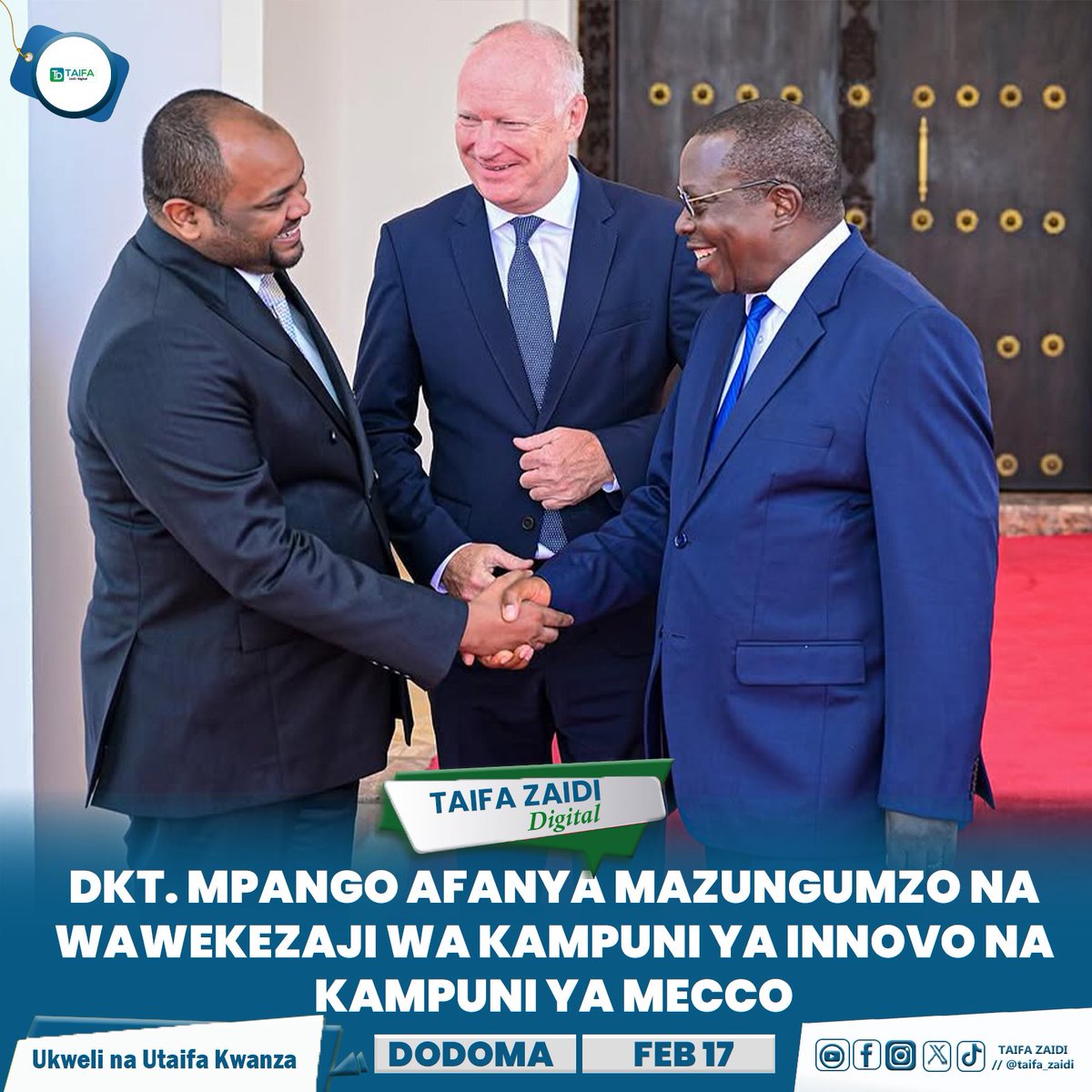 TAIFAZAIDI's tweet photo. Makamu wa Rais wa Jamhuri ya Muungano wa Tanzania Mhe. Dkt. Philip Mpango amekutana na kufanya mazungumzo na Afisa Mtendaji Mkuu wa Kampuni ya Innovo ya nchini Uingereza Bw. Paul Woodman pamoja na Mkurugenzi Mkuu wa kampuni ya MECCO Bw. Nasser Sheikh, Ikulu Dodoma https://t.co/w1zKa2MNg1