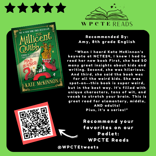 WPCTEtweets's tweet photo. Thank you Amy for the newest book recommendation: "The Millicent Quibb School of Etiquette for Young Ladies of Mad Science" by Katie McKinnon.📚

Check out the WPCTE Reads Padlet for new book features:🔗
https://t.co/OTOmOlUqHT

#WPCTEreads #WPCTEtweets #WPCTE #teachersofx https://t.co/rwux69LjUx