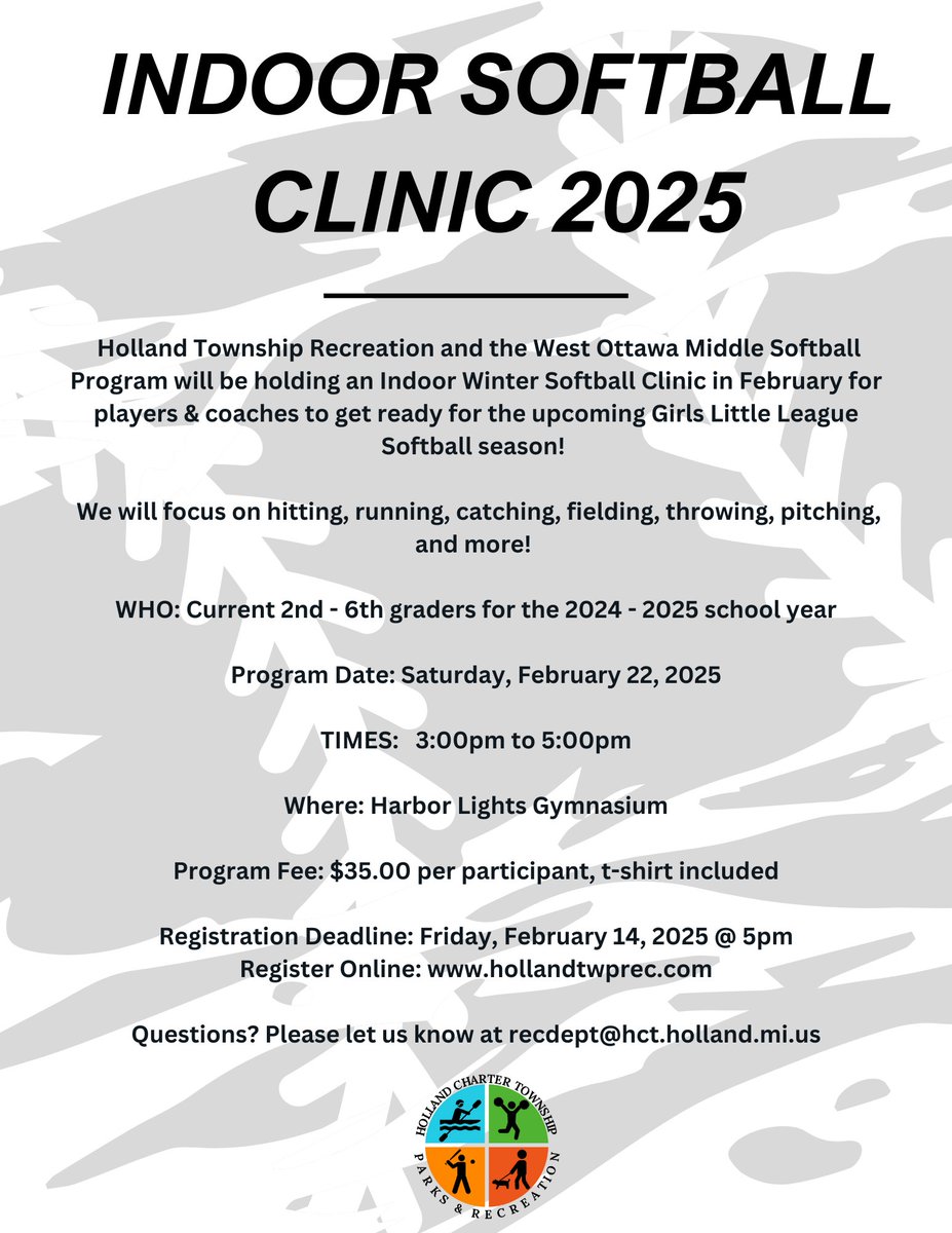 Deadline Extended to Monday, Feb. 17th at 9pm! Make sure to register for the youth softball clinic for this coming weekend before it's too late - hollandtwprec.com. Questions? Email us at recdept@hct.holland.mi.us.