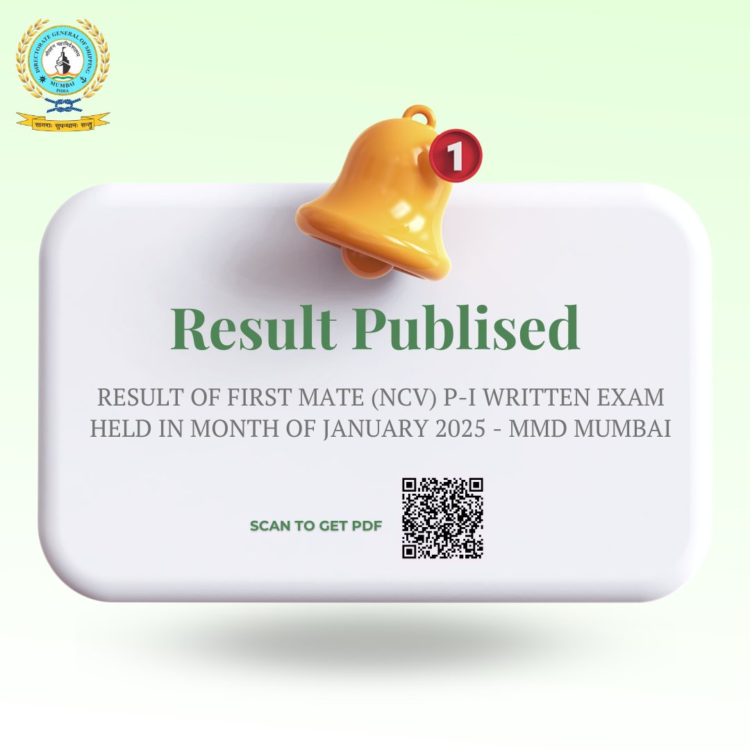dgshipping_IN's tweet image. RESULT OF FIRST MATE (NCV) P-I WRITTEN EXAM HELD IN MONTH OF JANUARY 2025 - MMD MUMBAI

Document Link - dgshipping.gov.in/writereaddata/…

#firstmate #ncv #writtenexam #mmdmumbai #dgs #dgshipping