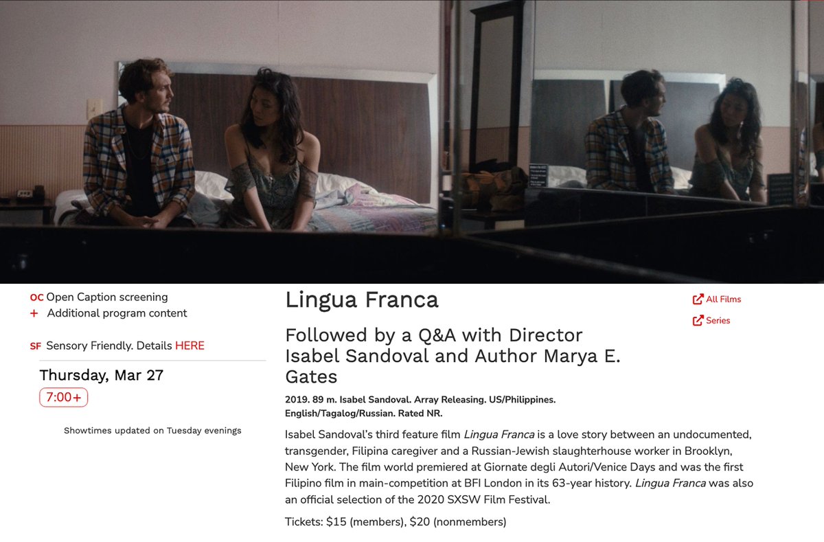 🏳️🌈 Ms. Marya E. Gates 🦩 (@oldfilmsflicker) on Twitter photo <a href="/TheFOFIF/">The Future of Film is Female</a> <a href="/MoMAFilm/">MoMA Film</a> On March 27th I'll be in converstation with the Queen of Sensual Cinema herself, the inimitable <a href="/Isabelvsandoval/">Isabel Sandoval</a> after a screening of LINGUA FRANCA at the <a href="/jbfc_ny/">Burns Film Center</a>
I will also be signing the book, which you can purchase during the event
🎟️ burnsfilmcenter.org/booking/lingua… <a href="/TheFOFIF/">The Future of Film is Female</a> <a href="/MoMAFilm/">MoMA Film</a> On March 27th I'll be in converstation with the Queen of Sensual Cinema herself, the inimitable <a href="/Isabelvsandoval/">Isabel Sandoval</a> after a screening of LINGUA FRANCA at the <a href="/jbfc_ny/">Burns Film Center</a>
I will also be signing the book, which you can purchase during the event
🎟️ burnsfilmcenter.org/booking/lingua…