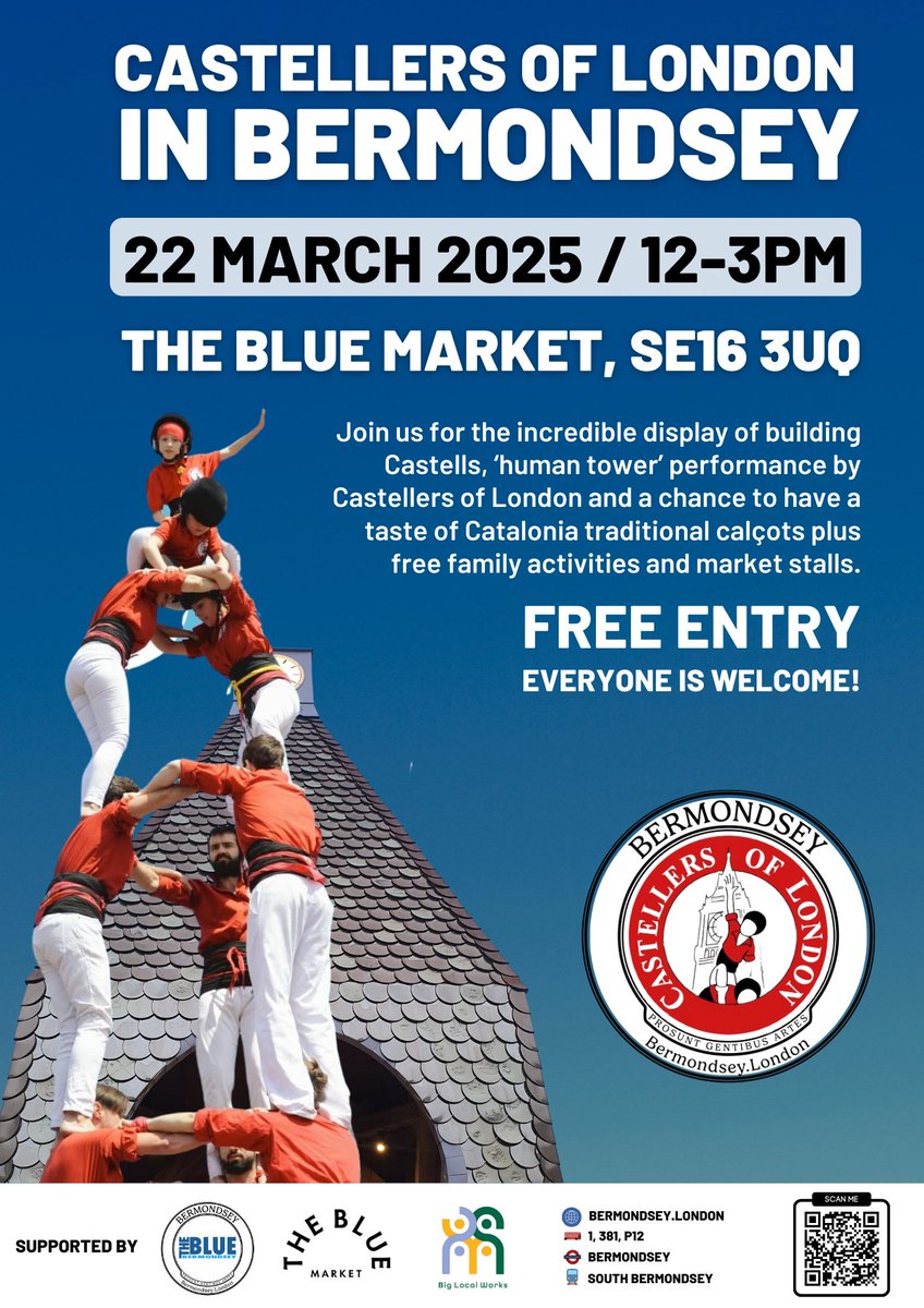 SAVE THE DATE: SAT 22 MARCH 2025 / 12-3PM
The popular Castellers of London with their 'human towers' are back in @thebluemarket.

This is a day out to celebrate this traditional Catalan tradition with family activities and market stalls.

Follow us for more updates.