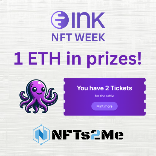 NFTs2Me ⧫ NFT Toolkit for Creators (@nfts2me) on Twitter photo 1 ETH in prizes! 🚀
We’ve teamed up with <a href="/inkonchain/">ink</a> & <a href="/NFTs2Me/">NFTs2Me ⧫ NFT Toolkit for Creators</a> to bring you the Ink NFT Week! 🐙🔥
Compete for 1 ETH in rewards!
⏳ Feb 17 - 23
🔗 Learn more & participate: nfts2me.com/ink-week
🏆 How to join?
✅ Mint a Supporter PIN on Ink
✅ Mint the Dynamic NFT (each 1 ETH in prizes! 🚀
We’ve teamed up with <a href="/inkonchain/">ink</a> & <a href="/NFTs2Me/">NFTs2Me ⧫ NFT Toolkit for Creators</a> to bring you the Ink NFT Week! 🐙🔥
Compete for 1 ETH in rewards!
⏳ Feb 17 - 23
🔗 Learn more & participate: nfts2me.com/ink-week
🏆 How to join?
✅ Mint a Supporter PIN on Ink
✅ Mint the Dynamic NFT (each