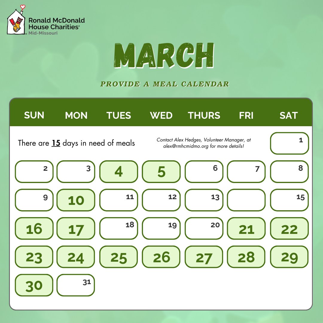 Is your workplace, family, or social group looking for ways to give back to the community? We have 15 days in March that need a meal provider!

Sign up at rmhcmidmo.org/provide-a-meal/ and email Alex Hedges, Volunteer Manager, at alex@rmhcmidmo.org with any questions!