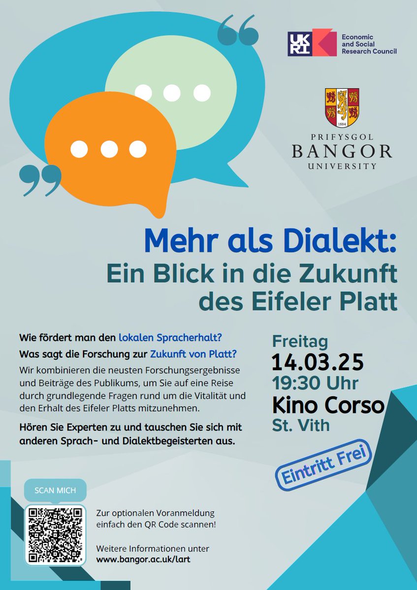 Wie fördert man lokalen Spracherhalt? Wie steht's um die Zukunft des Eifeler Platt? Am 14.3. wollen wir euch dazu unsere Forschungsergebnisse vorstellen und das Thema mit euch diskutieren. Wann/Wo? 14.3., 19h30-21h30, Kino Corso, St. Vith. Eintritt frei⏩ forms.microsoft.com/e/MsXjsYCCfW