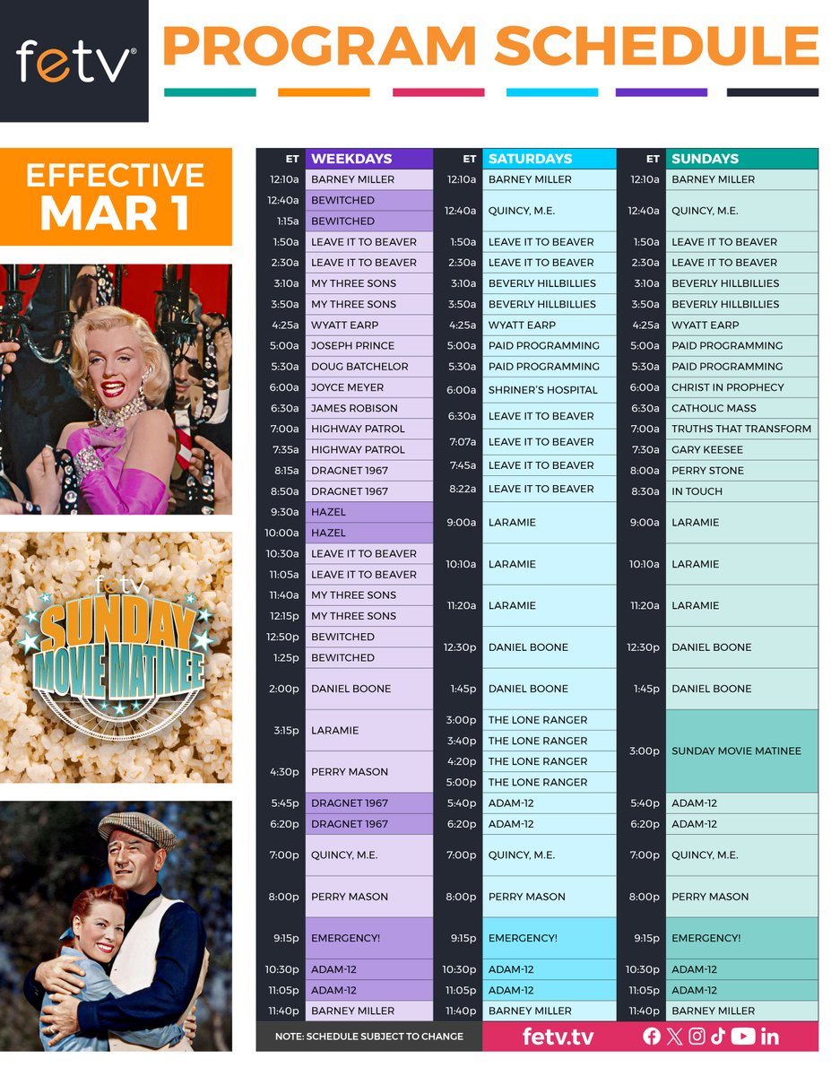 realFETV's tweet image. #Hazel returns for our March schedule! Also:
🪄 #Bewitched full episodes debut (and return to late night!)
👮‍♂️ #Dragnet returns to late afternoons and #Adam12 returns to prime!
🎬 Sunday Movie Matinee to feature THE QUIET MAN, GENTLEMEN PREFER BLONDES, and more!
