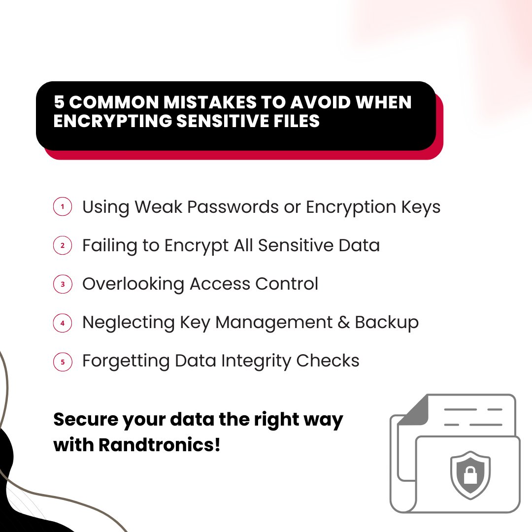 Avoid these 5 common encryption mistakes:
🚫 Weak passwords
🚫 Incomplete encryption
🚫 Poor access control
🚫 No backup &amp; recovery
🚫 Skipping data checks
🛡️ Protect your data with Randtronics! Visit: randtronics.com
#DataSecurity #Encryption #CyberSecurity #Randtronics