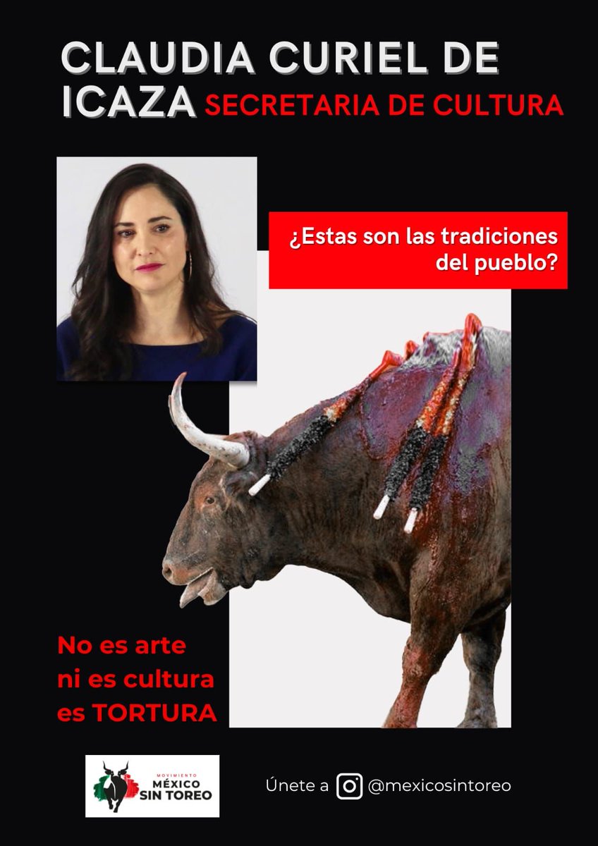 ecate_guau's tweet photo. @ccurieldeicaza 
Claudia Curiel de Icaza, Secretaria de Cultura Federal, la tauromaquia no tiene cabida cultural en ninguna parte del Mundo. 

En España más de 715 mil personas firmaron la iniciativa  de Ley 'No es mi Cultura" si en España no lo es, menos en México. 

Es tortura https://t.co/zSxKm1rIaK