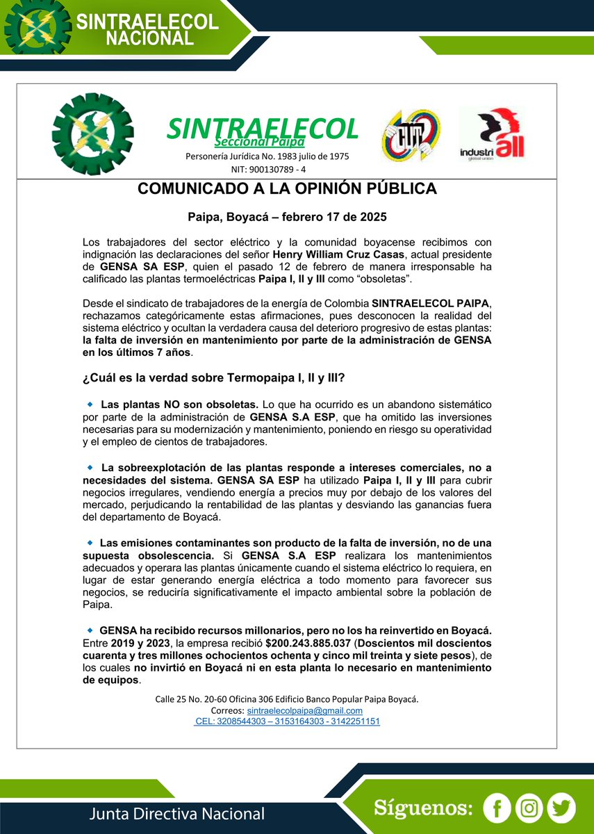 sintraelecolnac's tweet photo. COMUNICADO A LA OPINIÓN PÚBLICA
Paipa, Boyacá – febrero 17 de 2025
#paipa #gensa #termoelectrica #trabajadores #sintraelecol https://t.co/4cN1DMmLgb