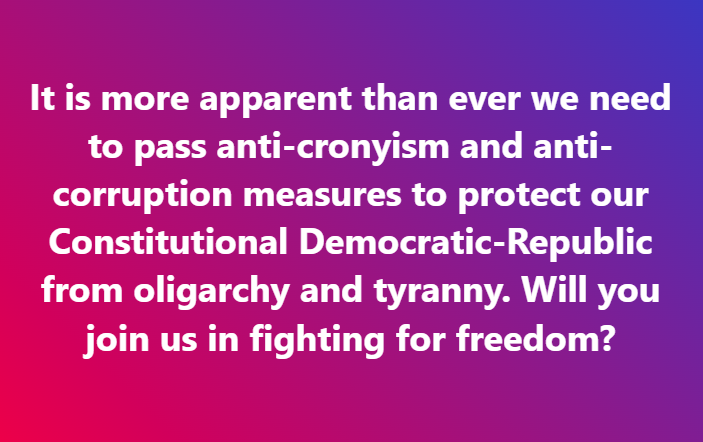 LiberalParty_'s tweet photo. It is more apparent than ever we need to pass anti-cronyism and anti-corruption measures to protect our Constitutional Democratic-Republic from oligarchy and tyranny. Will you join us in fighting for freedom? 🗽 🦬 #cronyism #freedom #Constitution #oligarchy #tyranny #america https://t.co/pM5VTQvptx