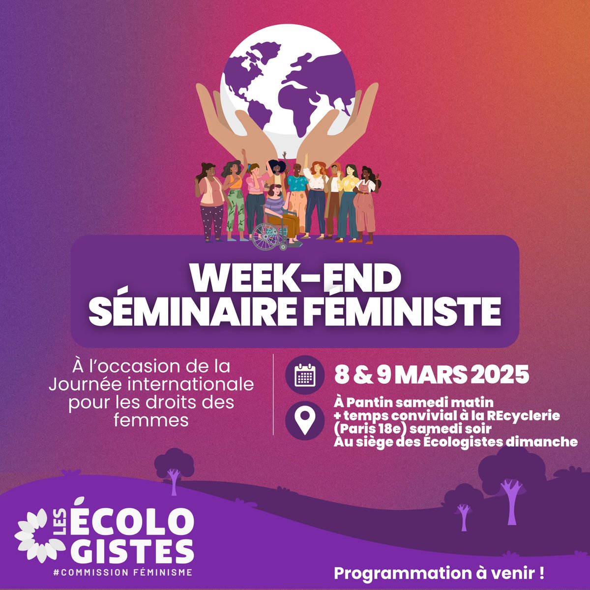 La commission Féminisme des Écologistes organise un week-end séminaire féministe les 8 et 9 mars 2025

📆 Au programme : ateliers, tables rondes, temps d’échanges avec des élues, temps festif : la programmation arrive !

Lien du formulaire d’inscription : framaforms.org/seminaire-de-l…