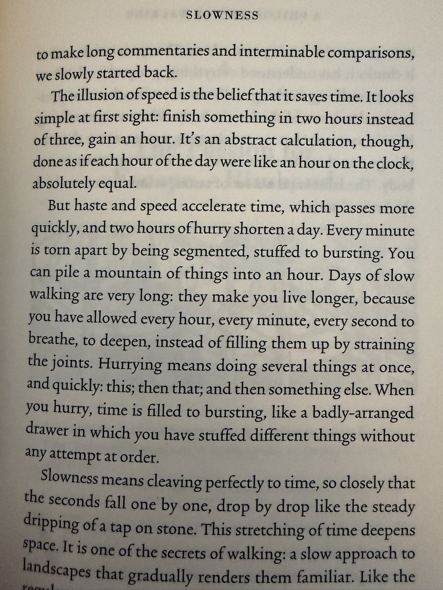 schlaf's tweet image. “The illusion of speed is the belief that it saves time. It looks simple at first sight: finish something in two hours instead of three, gain an hour. It&apos;s an abstract calculation, though…Haste and speed accelerate time.”