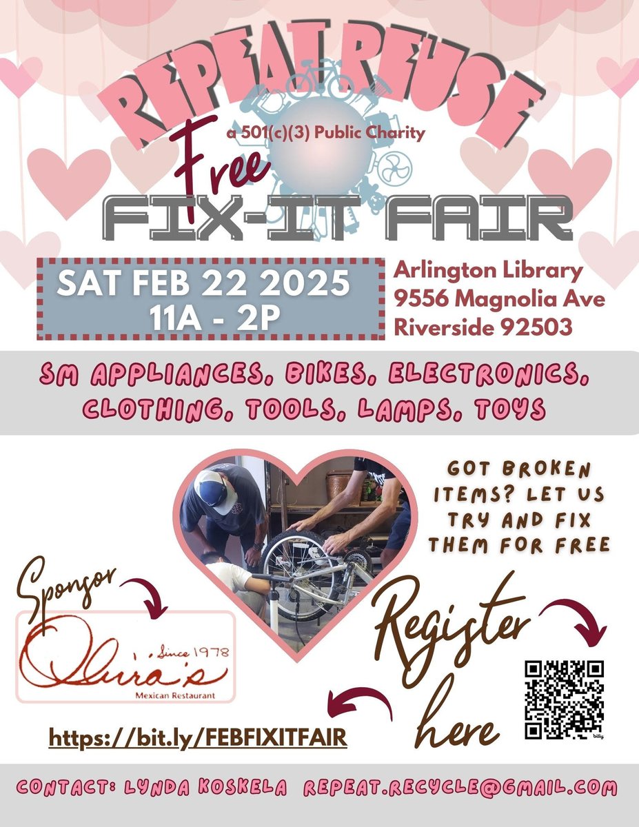 rongonz's tweet image. Free Fix-it Fair sponsored by Repeat Reuse at the Arlington Library on Feb. 22, 2025, 11 a.m.-2 p.m. Make an appointment and see if a volunteer can repair your broken item. Contact Lynda at repeat.recycle@gmail.com.
See bit.ly/FEBFIXITFAIR #iloveriverside