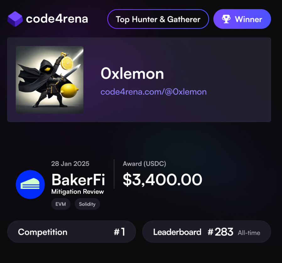 0xlemon (@0xlemonaudits) on Twitter photo Glad I could provide additional value through the mitigation review for <a href="/bakerfi_/">BakerFi 👨🏻🍳</a> . Found 1 vulnerability that was introduced by a fix and another one that was missed in the original audit.🫡 Glad I could provide additional value through the mitigation review for <a href="/bakerfi_/">BakerFi 👨🏻🍳</a> . Found 1 vulnerability that was introduced by a fix and another one that was missed in the original audit.🫡