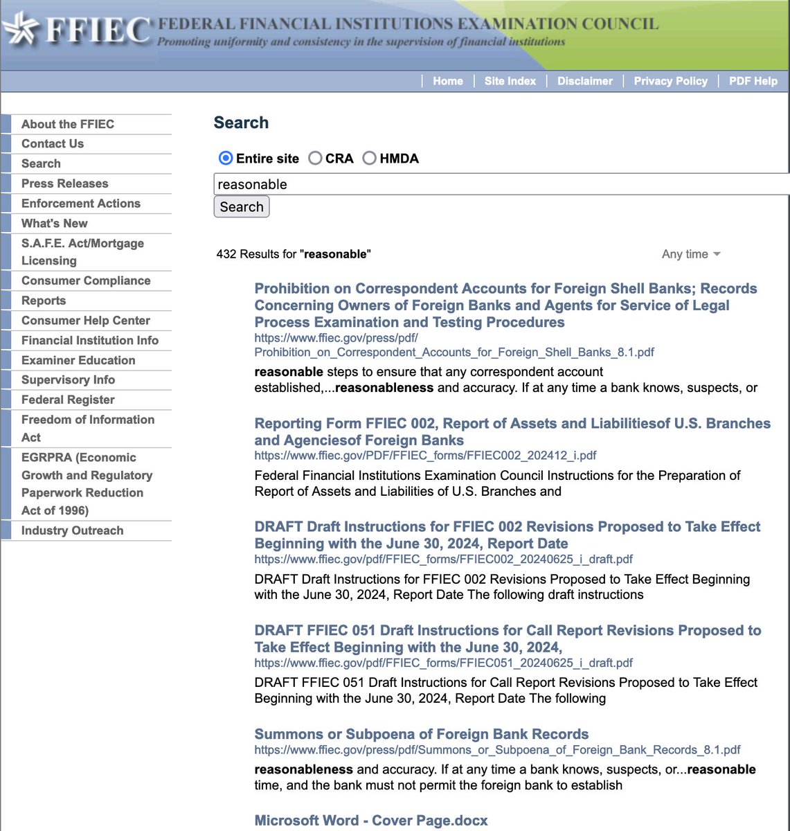 Suresh Ramamurthi (@sureshr7) on Twitter photo I searched FFIEC Guidelines for the word "reasonable". Found 432 results. Tough to program a computer to be "reasonable". Enables examiners to change their view, pick winners and losers and almost impossible for an institution to have a repeatable process. I searched FFIEC Guidelines for the word "reasonable". Found 432 results. Tough to program a computer to be "reasonable". Enables examiners to change their view, pick winners and losers and almost impossible for an institution to have a repeatable process.