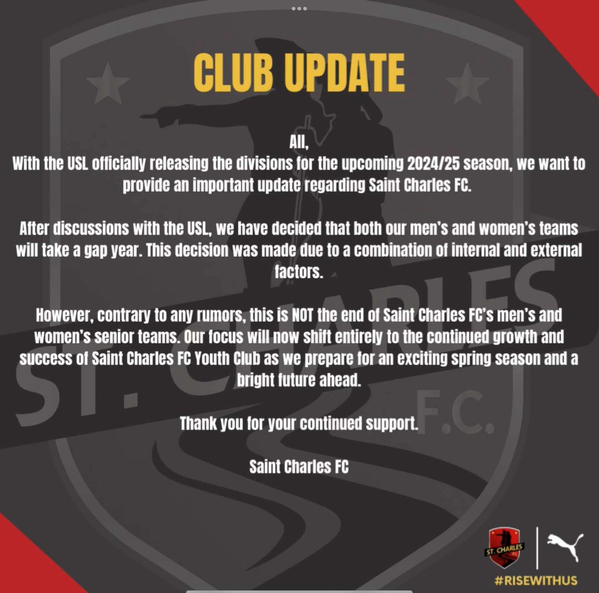 Statement from St. Charles FC leadership on the status of the senior teams.