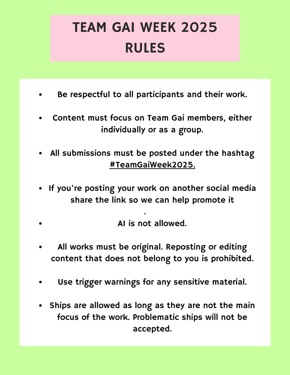 dailyteamguy's tweet photo. We have the prompts and rules for #TeamGaiWeek2025!
If you have any questions or suggestions, feel free to ask here or at @dailyteamguy on Tumblr. Thank you for participating! 💚🍡 https://t.co/J2q7Z666Eb