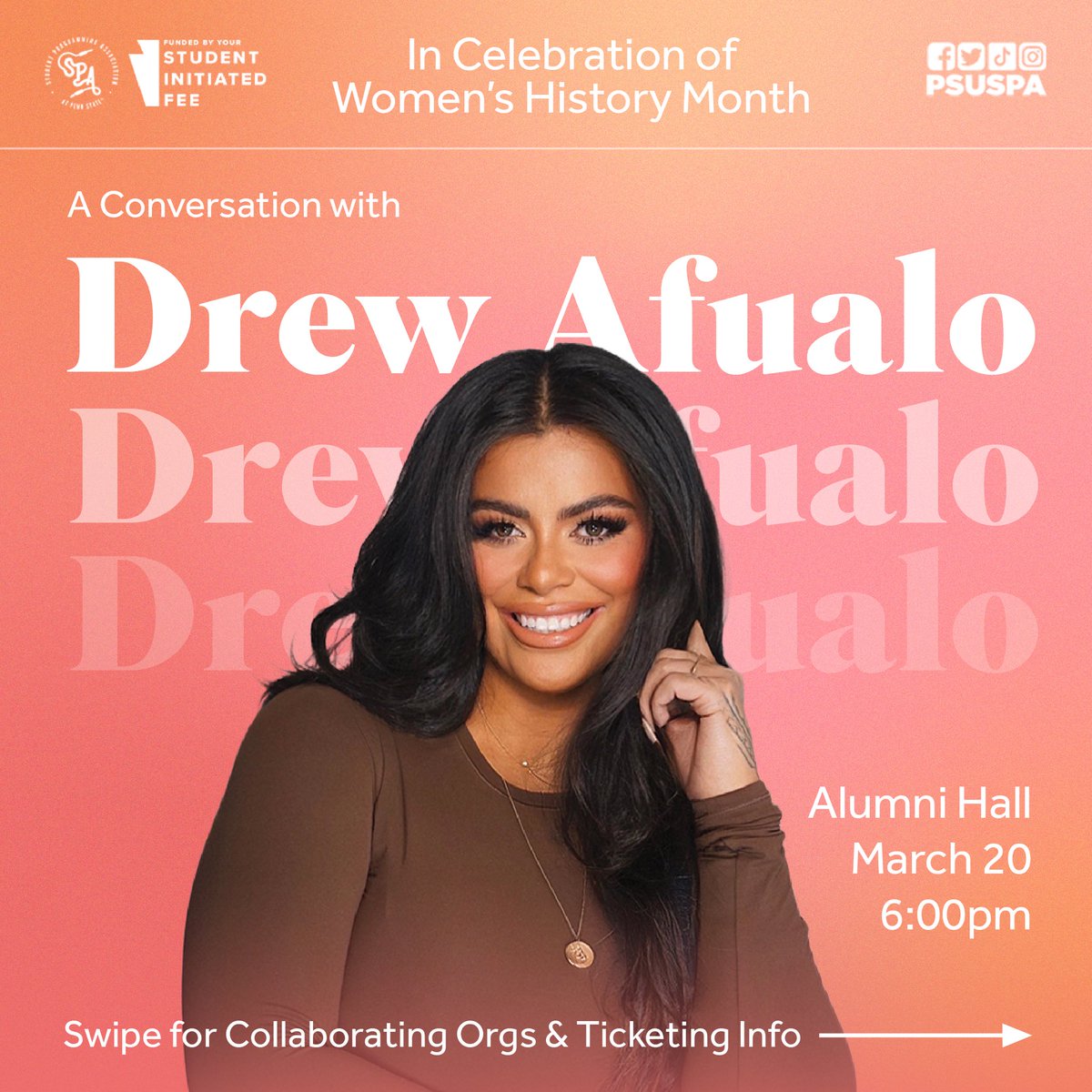 Penn State's SPA (@psuspa) on Twitter photo Celebrate Women’s History Month with Drew Afualo! 🧡 We’re collaborating with with some amazing Penn State Orgs to host the iconic author, podcaster, and influencer on March 20th at 6:00pm in Alumni Hall.
Full event info & ticket info can be found on Instagram <a href="/psuspa/">Penn State's SPA</a> 🎀 Celebrate Women’s History Month with Drew Afualo! 🧡 We’re collaborating with with some amazing Penn State Orgs to host the iconic author, podcaster, and influencer on March 20th at 6:00pm in Alumni Hall.
Full event info & ticket info can be found on Instagram <a href="/psuspa/">Penn State's SPA</a> 🎀