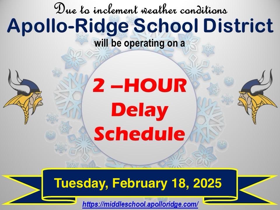 The Apollo-Ridge School District will operate under a 2 Hour Delay for Tuesday, February 18, 2025.  Click here for more details! #VikingPRIDE
edl.io/n2034417