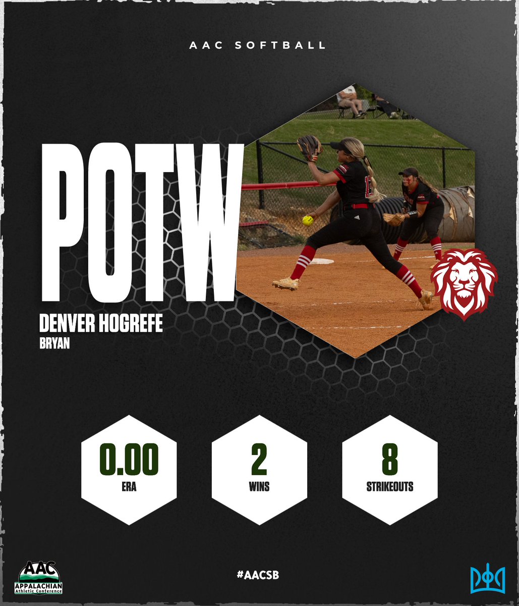 AAC Sports (@aacsports) on Twitter photo Congrats to Denver Hogrefe of <a href="/BryanAthletics/">Bryan College Athletics</a> on being named the <a href="/WinWonTech/">WinWon</a> #AACSB Pitcher of the Week
➡️ bit.ly/4i3iOde
#NAIASoftball | #ProudToBeAAC Congrats to Denver Hogrefe of <a href="/BryanAthletics/">Bryan College Athletics</a> on being named the <a href="/WinWonTech/">WinWon</a> #AACSB Pitcher of the Week
➡️ bit.ly/4i3iOde
#NAIASoftball | #ProudToBeAAC
