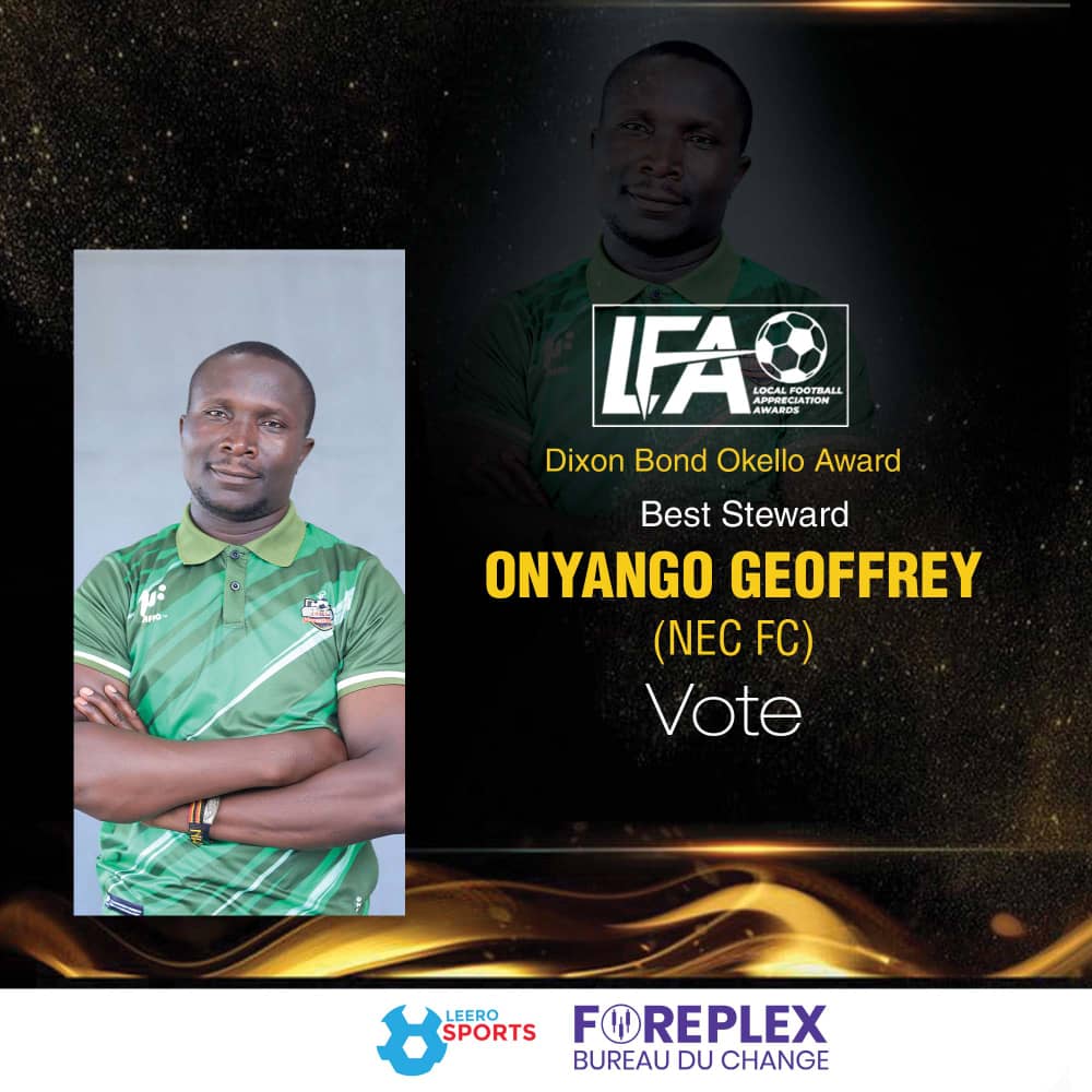LFAAWARDS's tweet photo. Dixon Bond Okello Award
 (Best Steward)

The nominees for the prestigious Dixon Bond Okello Award are:

Nathan Karugaba - @KitarafcHoima 
Juma Ssemanda - @KCCAFC 
Onyango Geoffrey - @Nec_Fc 
Nandala James - @MbaleHeroes1960

Cast your vote.

#DixonBondOkelloAward #LFAAwards2025 https://t.co/VREXZ1Tlpr