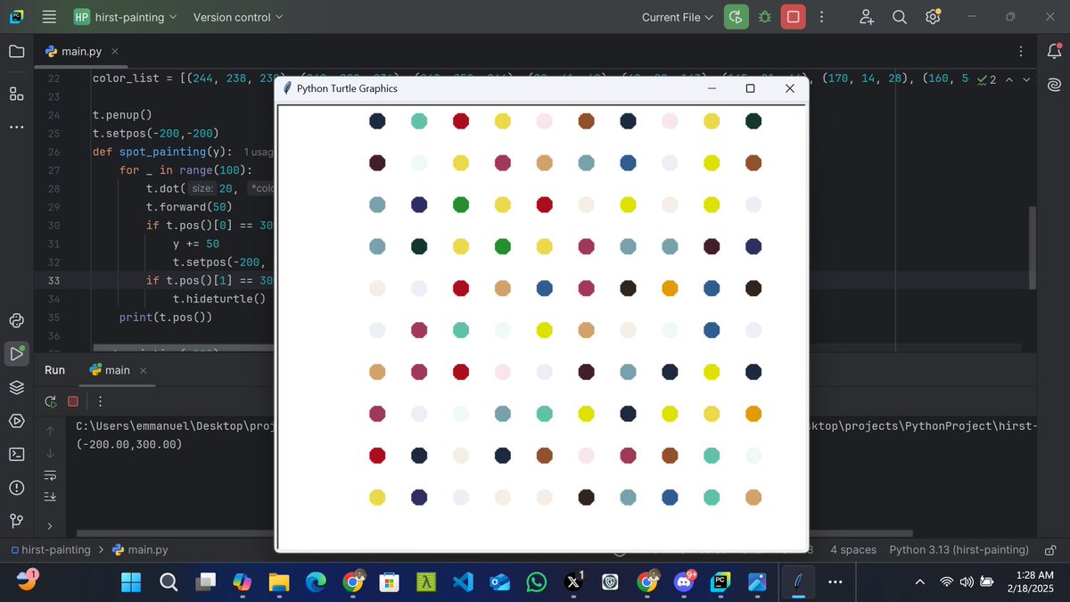 emmanuel_dev3's tweet image. Day 69 of #100DaysOfCode :
🎯I completed section 18 of #100DaysOfPython
🎯I build Hirst painting using Turtle in Python.
🎯I spend 2hrs 21m coding today.