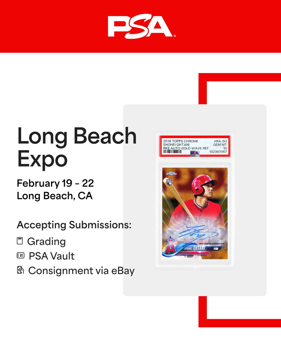 PSAcard's tweet photo. 📍 𝙇𝙊𝙉𝙂 𝘽𝙀𝘼𝘾𝙃 𝙀𝙓𝙋𝙊 🌴 We'll be on-site this week accepting drop-off grading submissions at all service levels.

Submissions for "End of Show" turnaround grading at Express and higher will be accepted until 2:30pm Thursday.

FULL DETAILS ➡️ https://t.co/1ttSrArIJh https://t.co/okNXxpGC8y