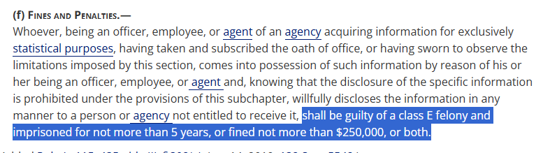 CIPSEA (reauthorized under Trump in 2018!) provides that if you let the wrong person see confidential data, you can go to prison for 5 years and be fined $250,000. 
law.cornell.edu/uscode/text/44…

It's no wonder that top professionals resign. Trump may have to give preemptive pardons.