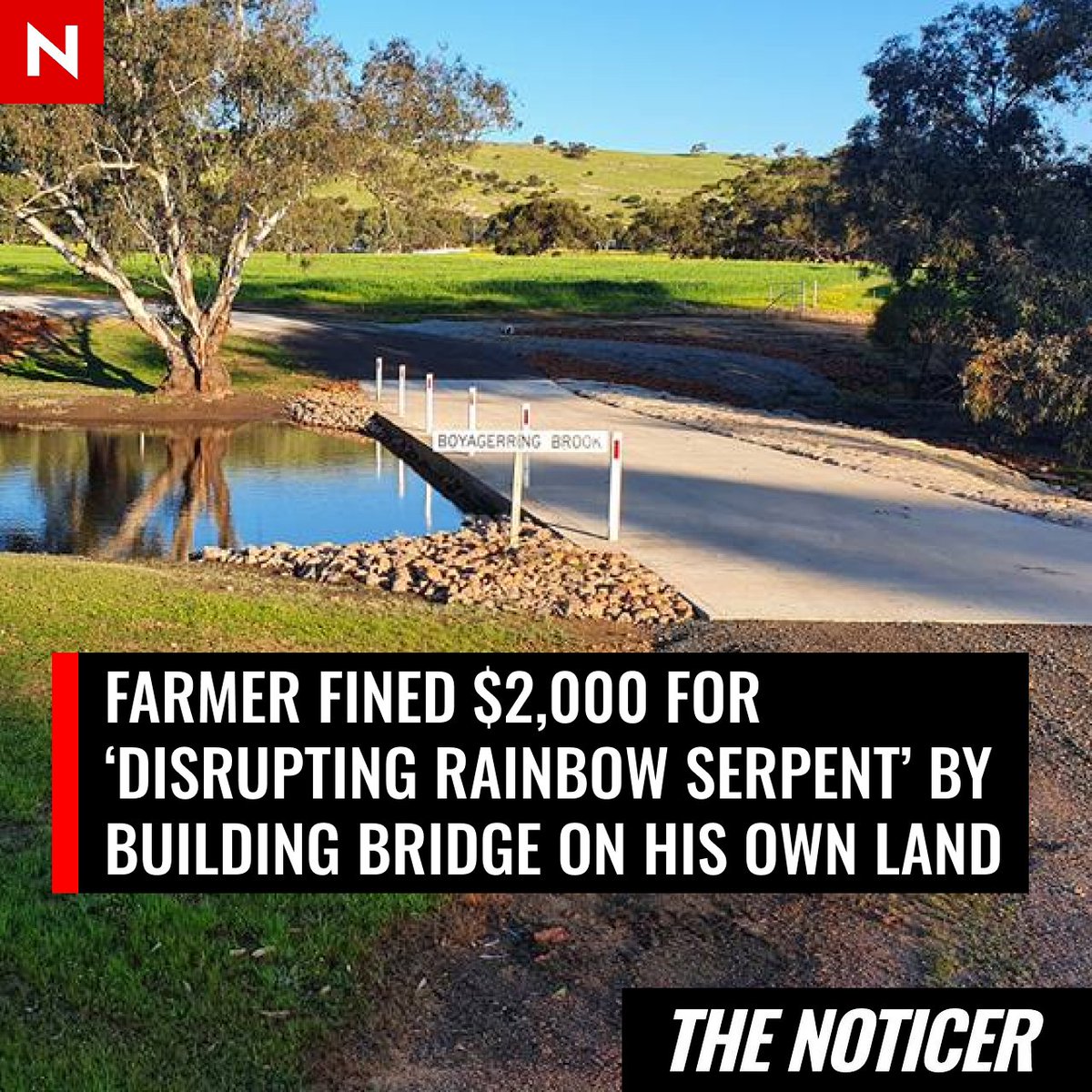 NoticerNews's tweet photo. Cancer-stricken farmer Tony Maddox, 72, has been fined $2,000 for building a bridge over a creek in his own land in Toodyay, Western Australia, and ordered to pay $5,000 in court costs.

An aboriginal man told his trial last year altering the site disrupted the "rainbow serpent", which the Noongar people believe is their creator.