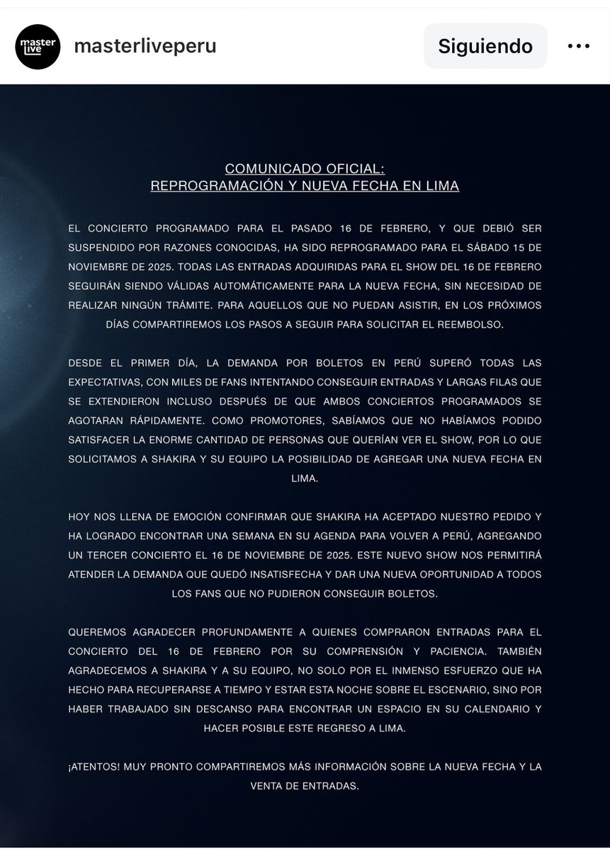 El concierto de Shakira en Lima ha sido reprogramado hasta el 15 de noviembre 🫠