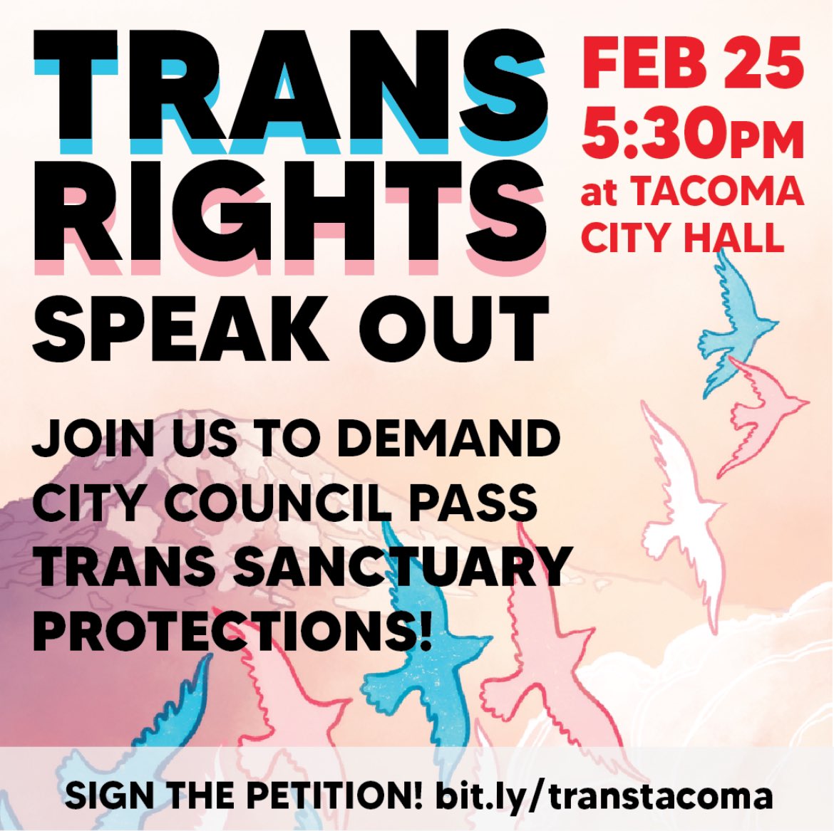 Join the Tacoma DSA Transgender and Bodily Autonomy Working Group in calling on our city council to protect our transgender community by passing trans sanctuary protections! 
Sign the petition today:
bit.ly/transtacoma